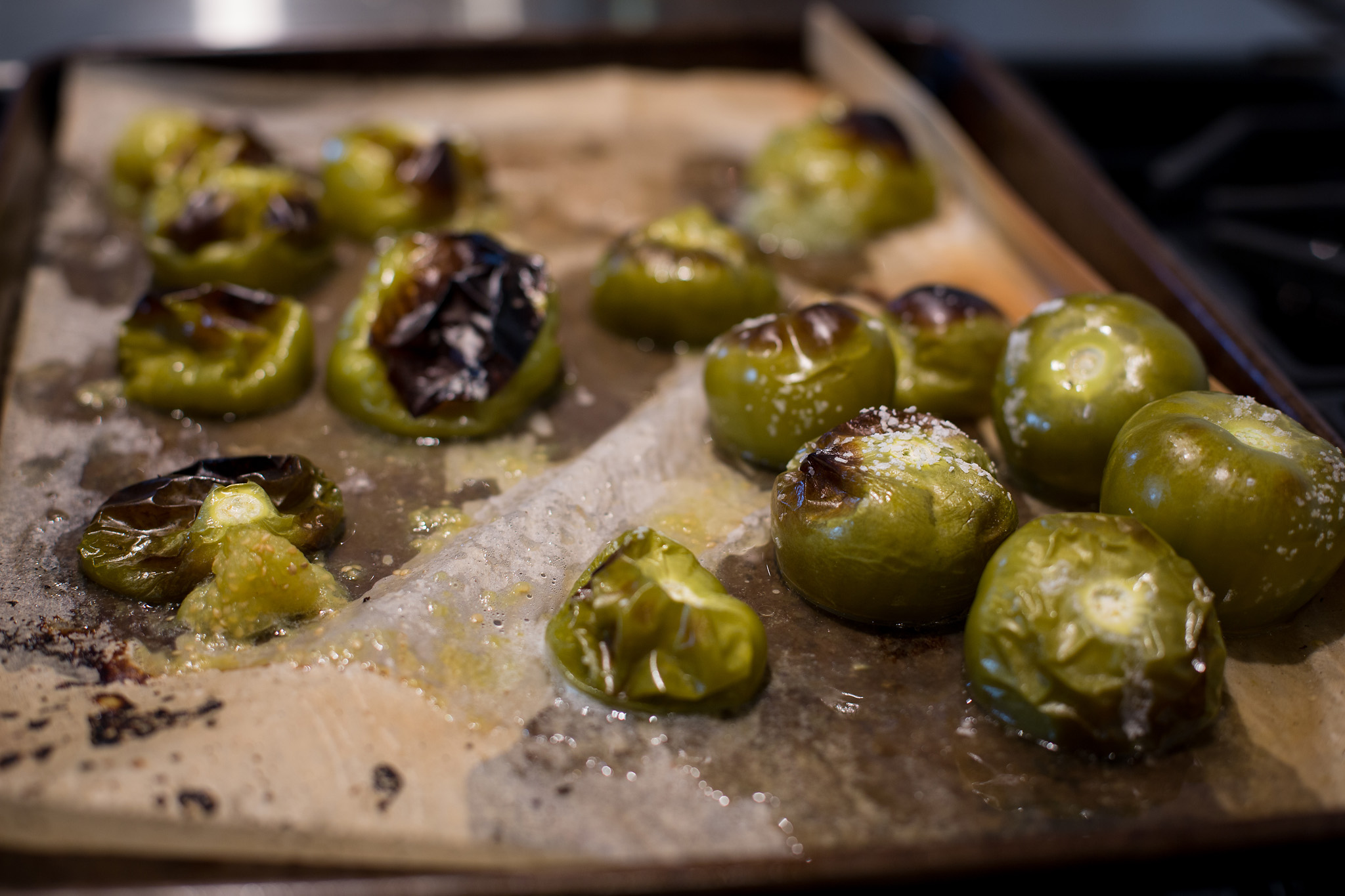 Roasted tomatillo salsa with cilantro, onions and lime.