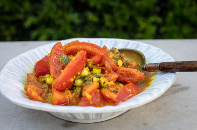 Indian-spiced tomatoes with green onions, ginger and serranos are the ...