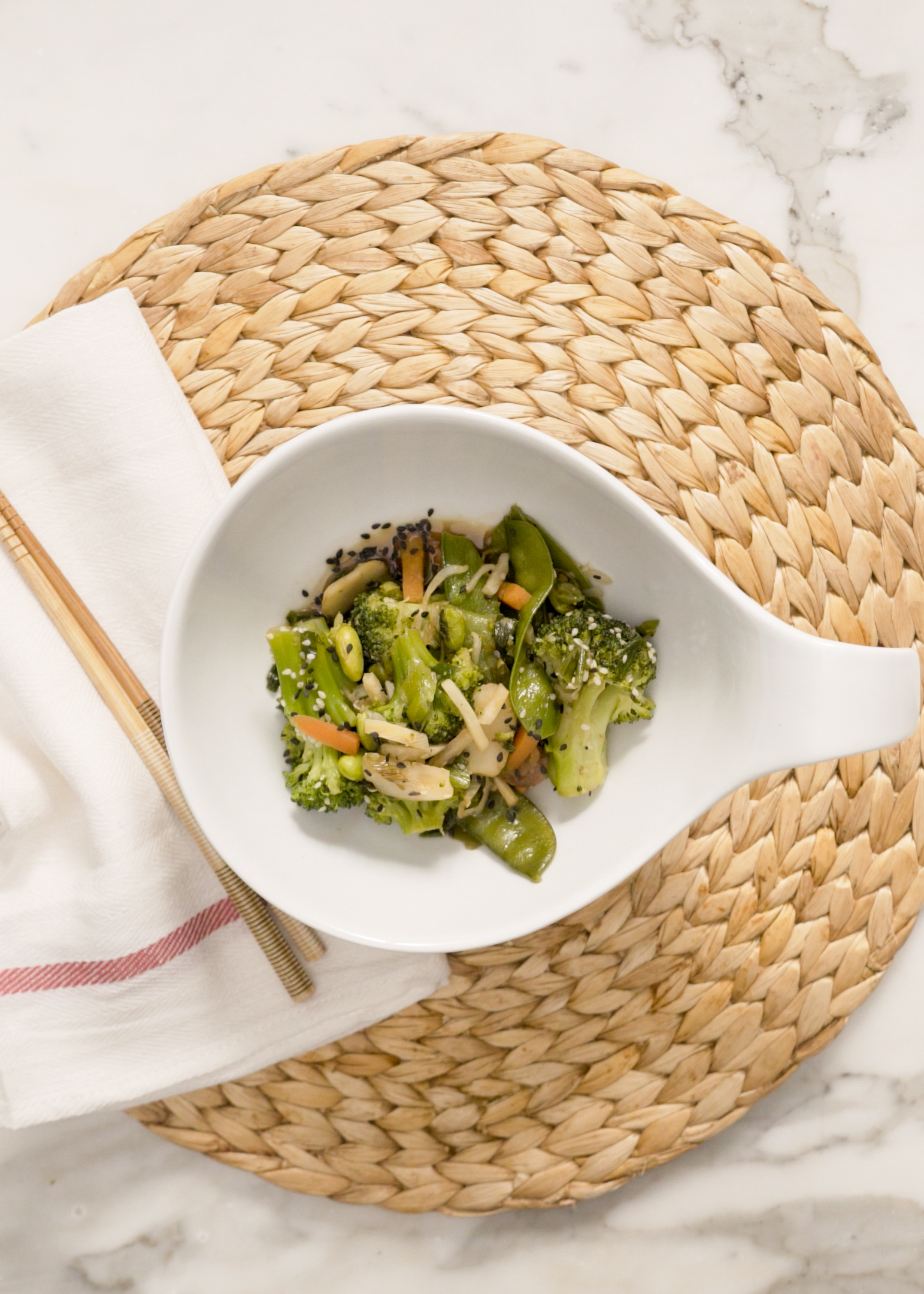 Quick vegetable stir fry made from frozen stir fry mix and broccoli.