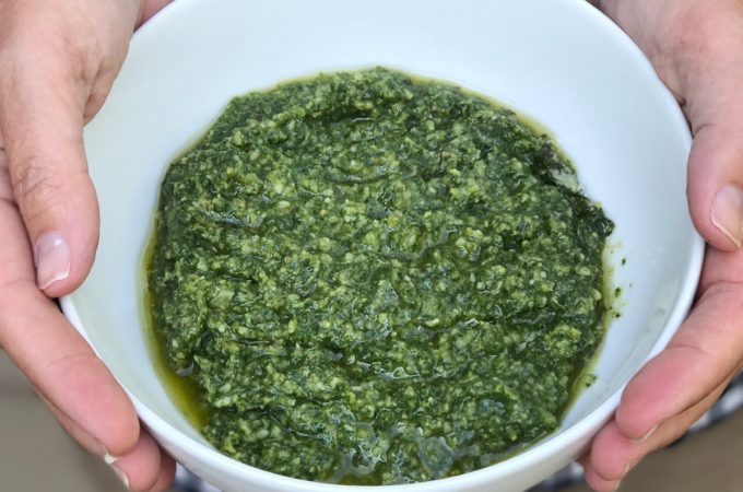 This "any greens" pesto can be prepped ahead and frozen in ice cube trays or glass containers.