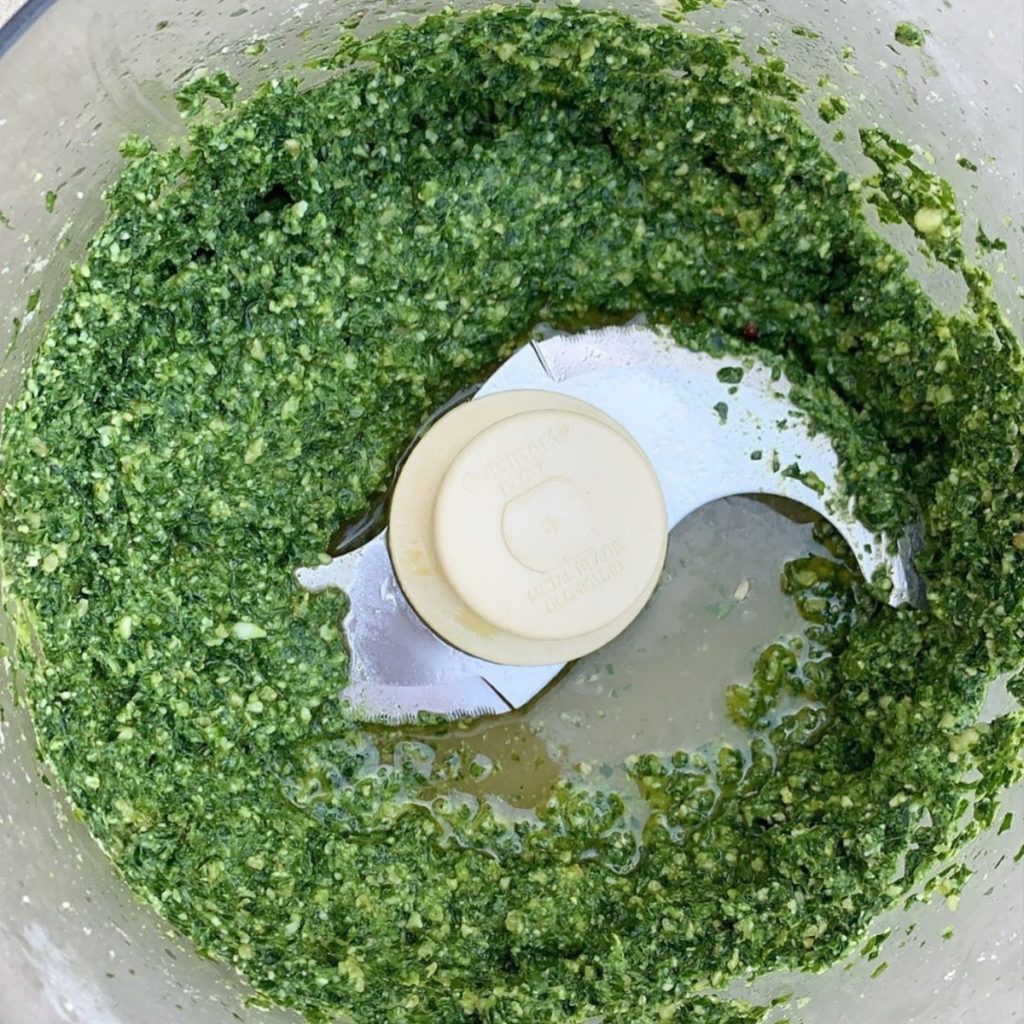 This "any greens" pesto can be prepped ahead and frozen in ice cube trays or glass containers.