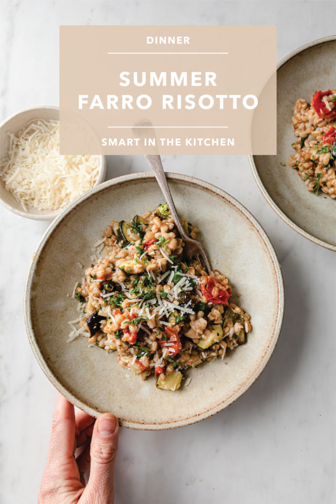 Cooked farro is delicious mixed with arugula or spinach in salads. If you’re making this risotto during the week, you can pre-roast the vegetables on the weekend and keep refrigerated for 3-4 days.